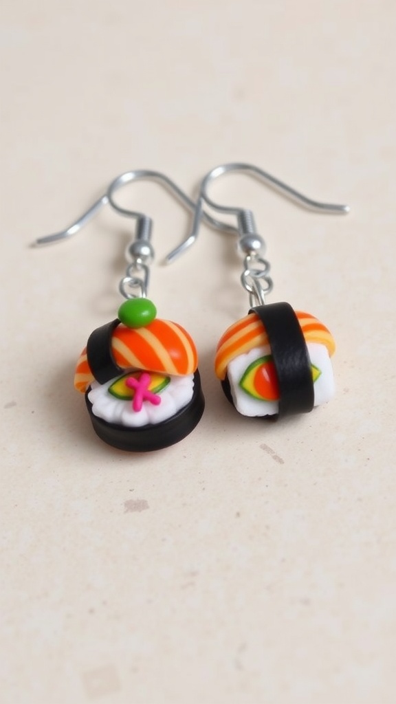 A pair of handcrafted sushi earrings with salmon and avocado designs on a neutral background.